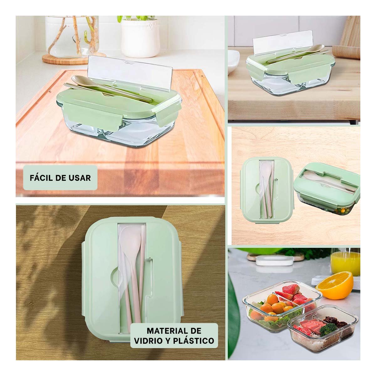 PACK6 RECIPIENTE DE VIDRIO PARA COMIDAS CASERAS CON CUBIERTOS VERDE Y+PAPEL REGALO - 3