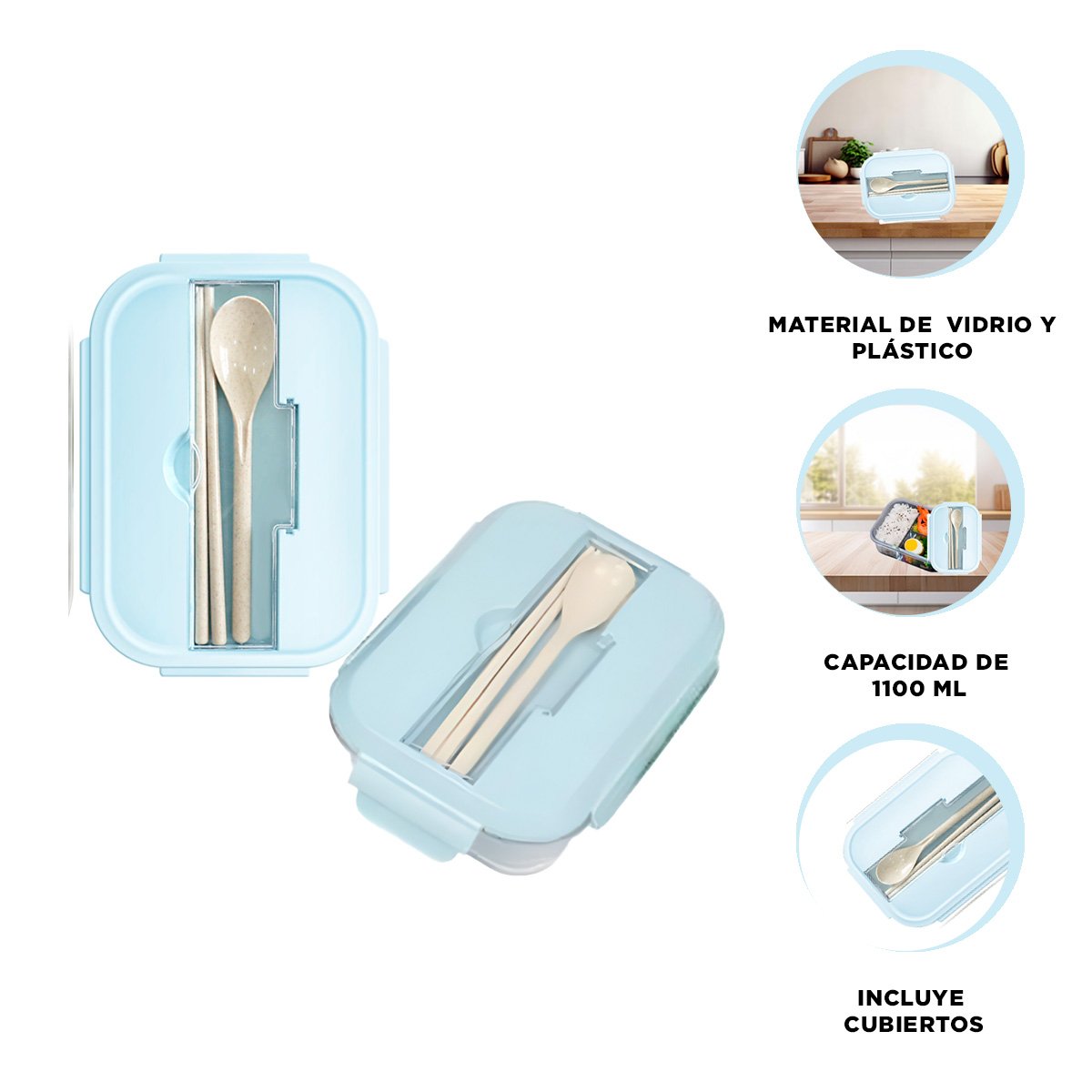 TAPER REUTILIZABLE DE VIDRIO CON CUBIERTOS PARA USO DIARIO CELESTE Y+POST IT - 5