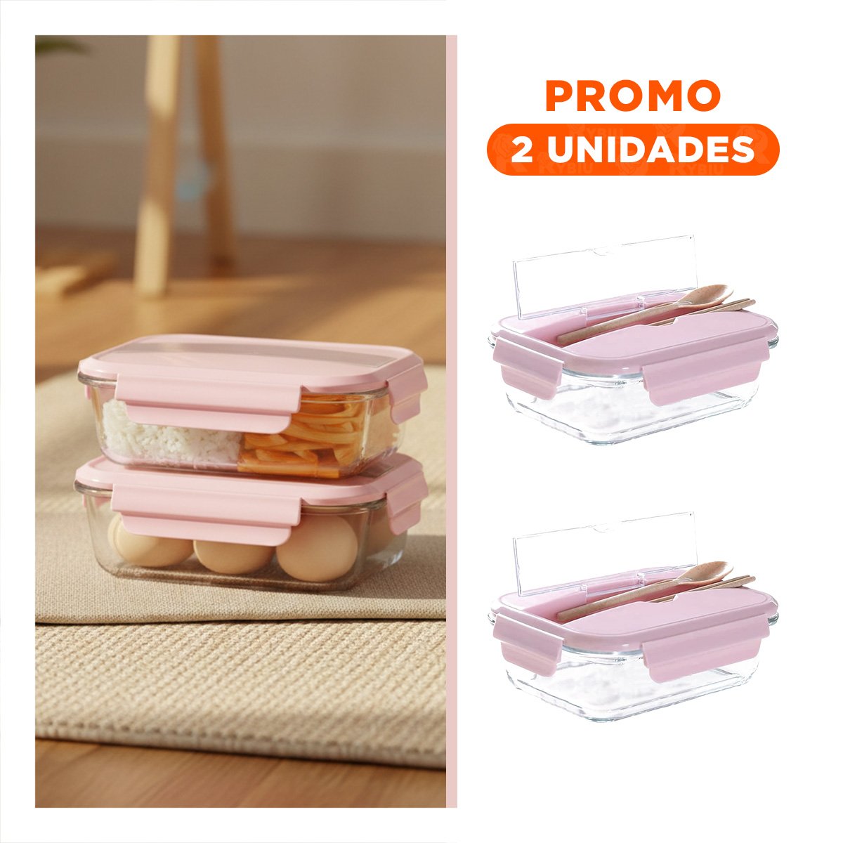PACK2 CONTENEDOR PARA ALMUERZO DIARIO CON CUBIERTOS ROSADO Y+REGALO STICKER - 1