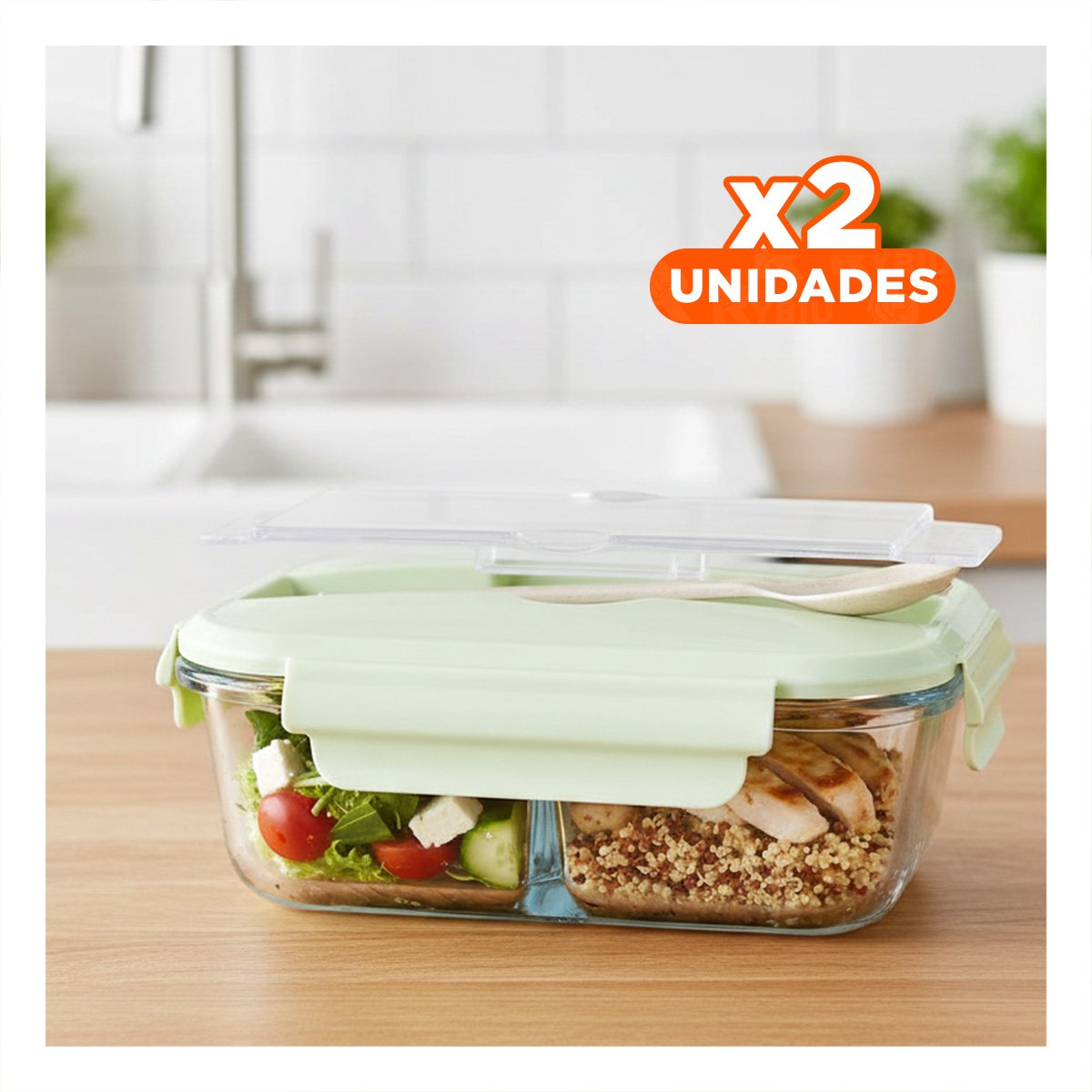 PACK2 CONTENEDOR HERMETICO DE VIDRIO INCLUYE CUBIERTOS Y TAPA VERDE Y+PAPEL REGALO - 1