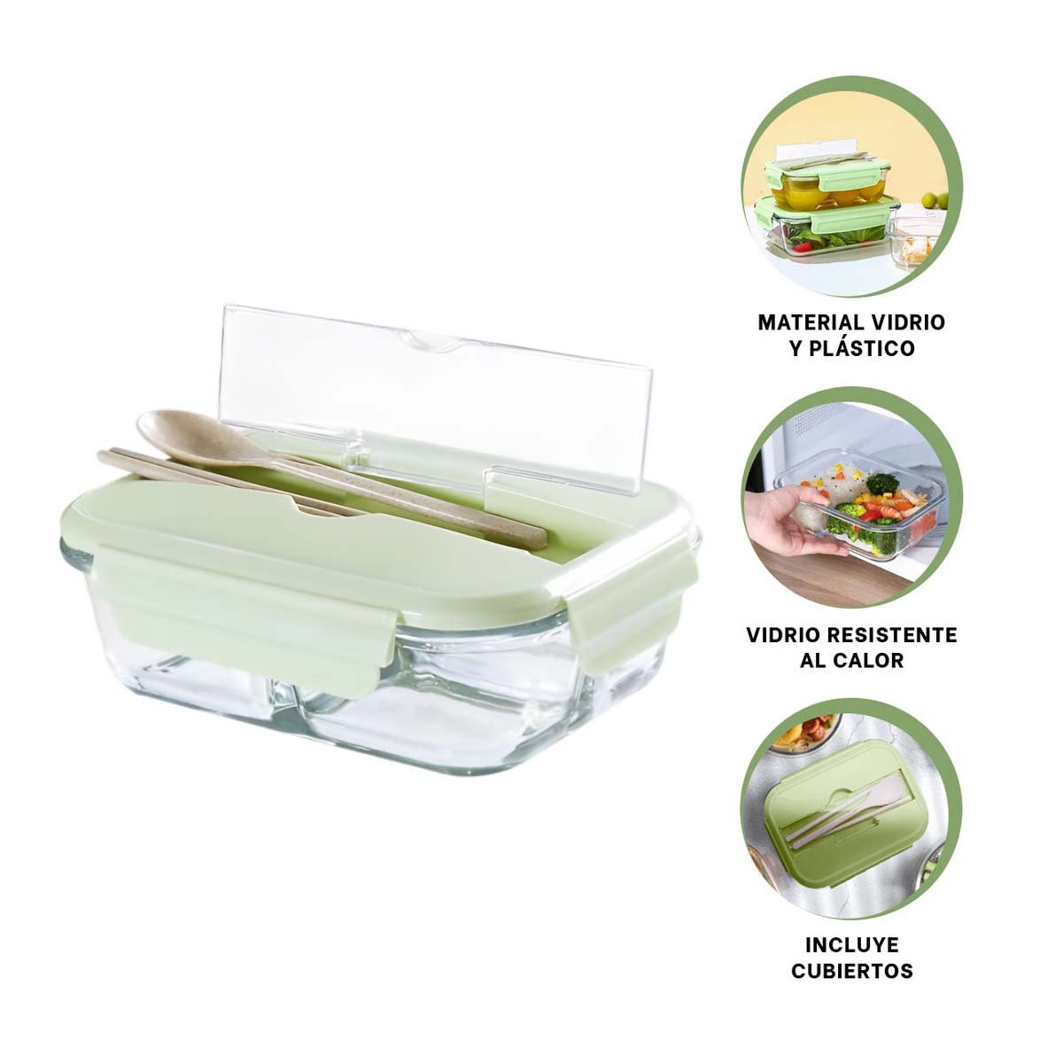 TAPER DE VIDRIO RESISTENTE CON SET DE CUBIERTOS Y CIERRE VERDE Y+PAPEL REGALO - 5