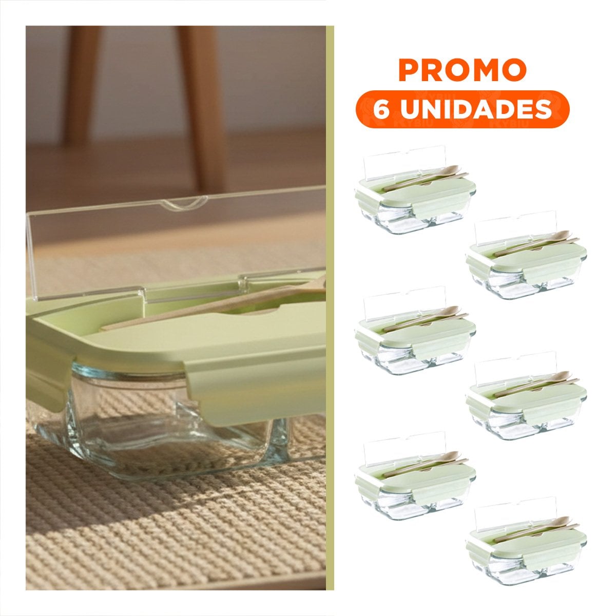 PACK6 RECIPIENTE DURADERO DE VIDRIO CON CUBIERTOS Y AJUSTE VERDE Y+REGALO STICKER - 1