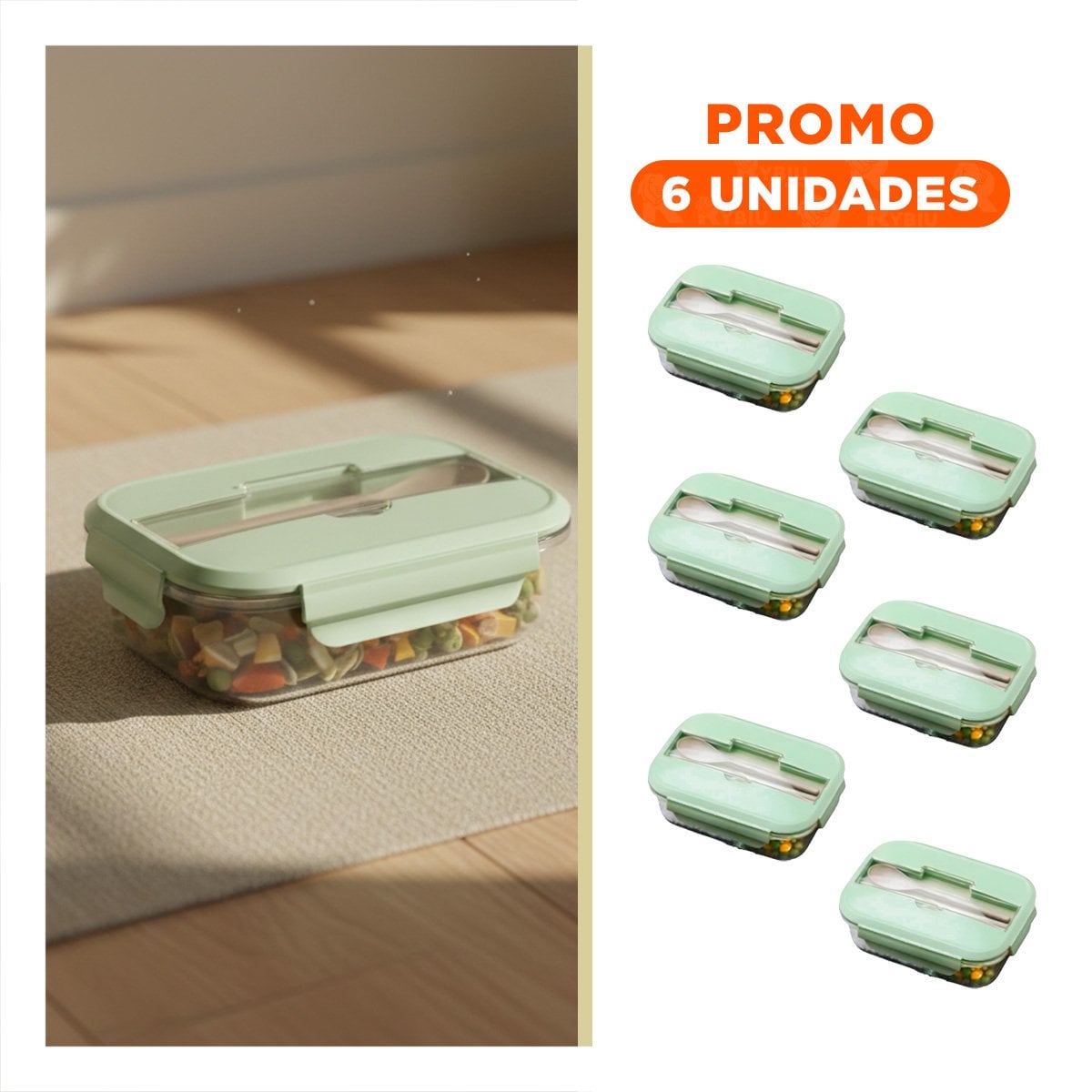 PACK6 RECIPIENTE CON 2 COMPARTIMENTOS Y SET INTEGRADO VERDE Y+REGALO STICKER - 1