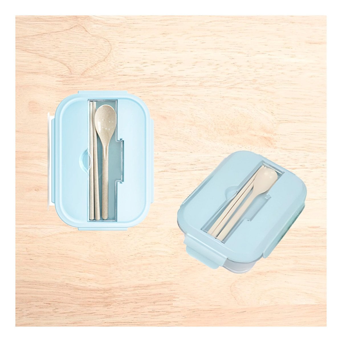 TAPER DE VIDRIO PORTATIL CON SET DE CUBIERTOS PARA ALMUERZO CELESTE Y+PAPEL REGALO - 1
