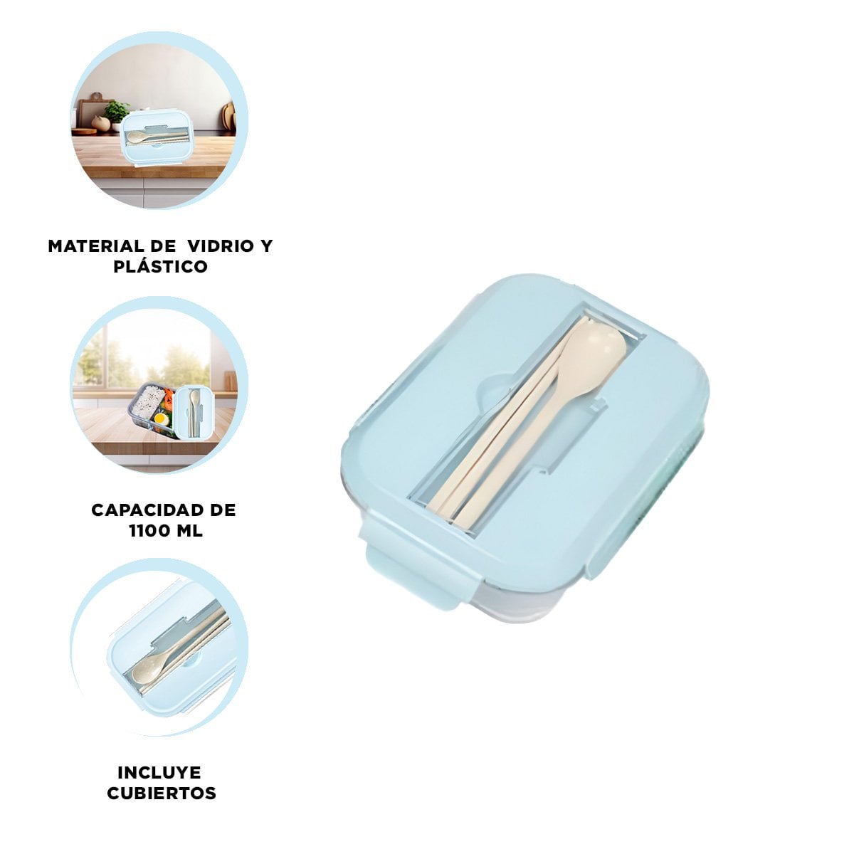 TAPER DE VIDRIO PORTATIL CON SET DE CUBIERTOS PARA ALMUERZO CELESTE Y+PAPEL REGALO - 5