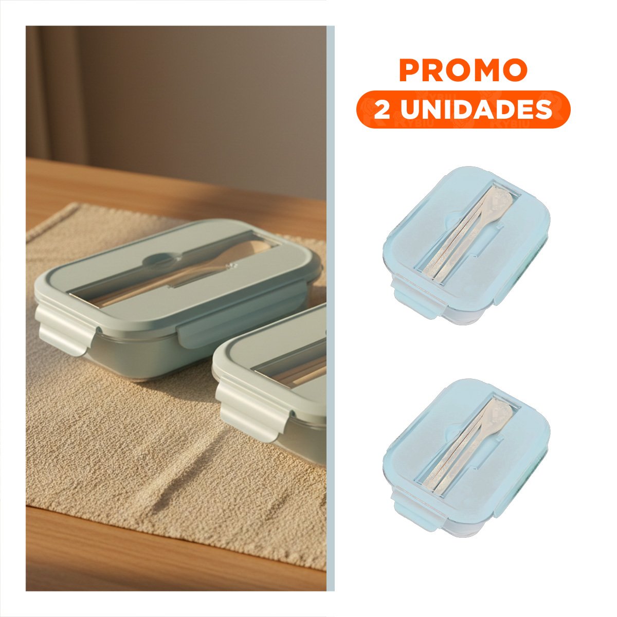 PACK2 CONTENEDOR PARA ALMUERZO DIARIO CON CUBIERTOS INCLUIDOS CELESTE Y+REGALO STICKER - 1