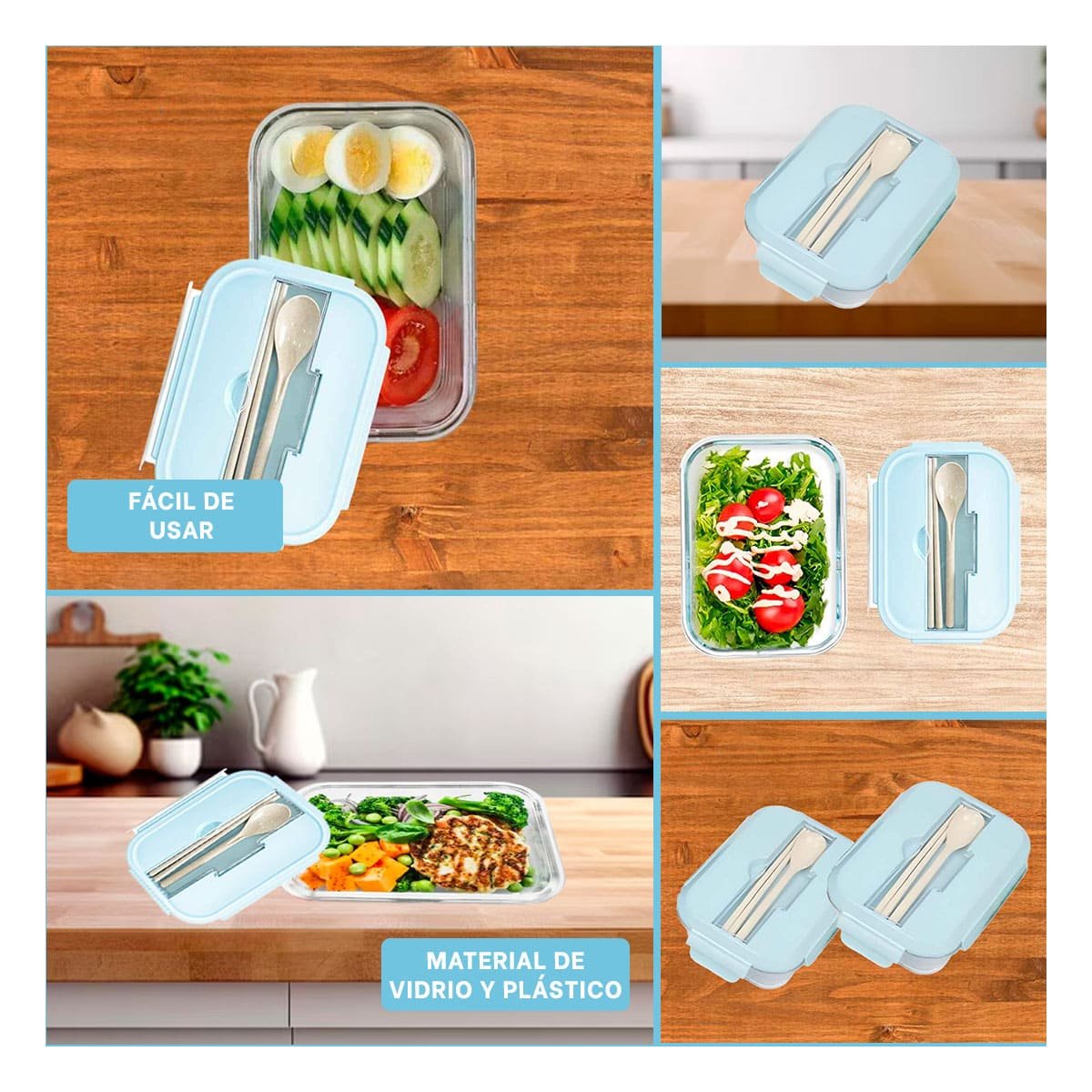 PACK4 RECIPIENTE DE VIDRIO CON CUBIERTOS PARA COMER DONDE ESTÉS CELESTE Y+REGALO STICKER - 2