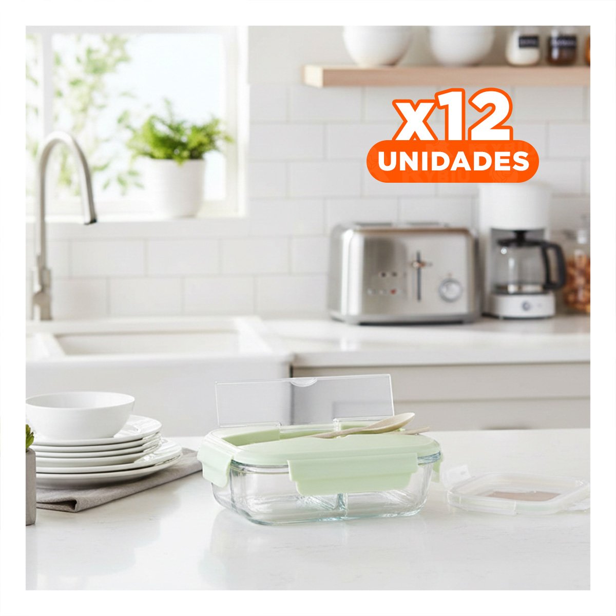 PACK12 ALMACENADOR DE VIDRIO CON CUBIERTOS VERDE PARA ALIMENTOS FRESCOS Y+REGALO STICKER - 1