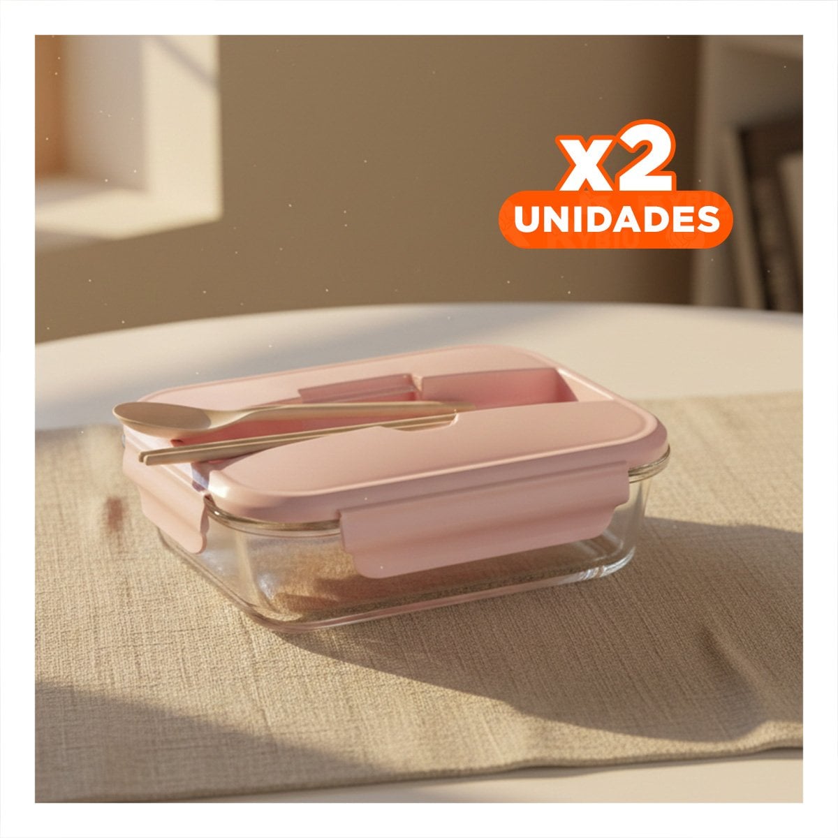 PACK2 CONTENEDOR PORTATIL DE VIDRIO INCLUYE CUBIERTOS ROSADO Y+PAPEL REGALO - 1