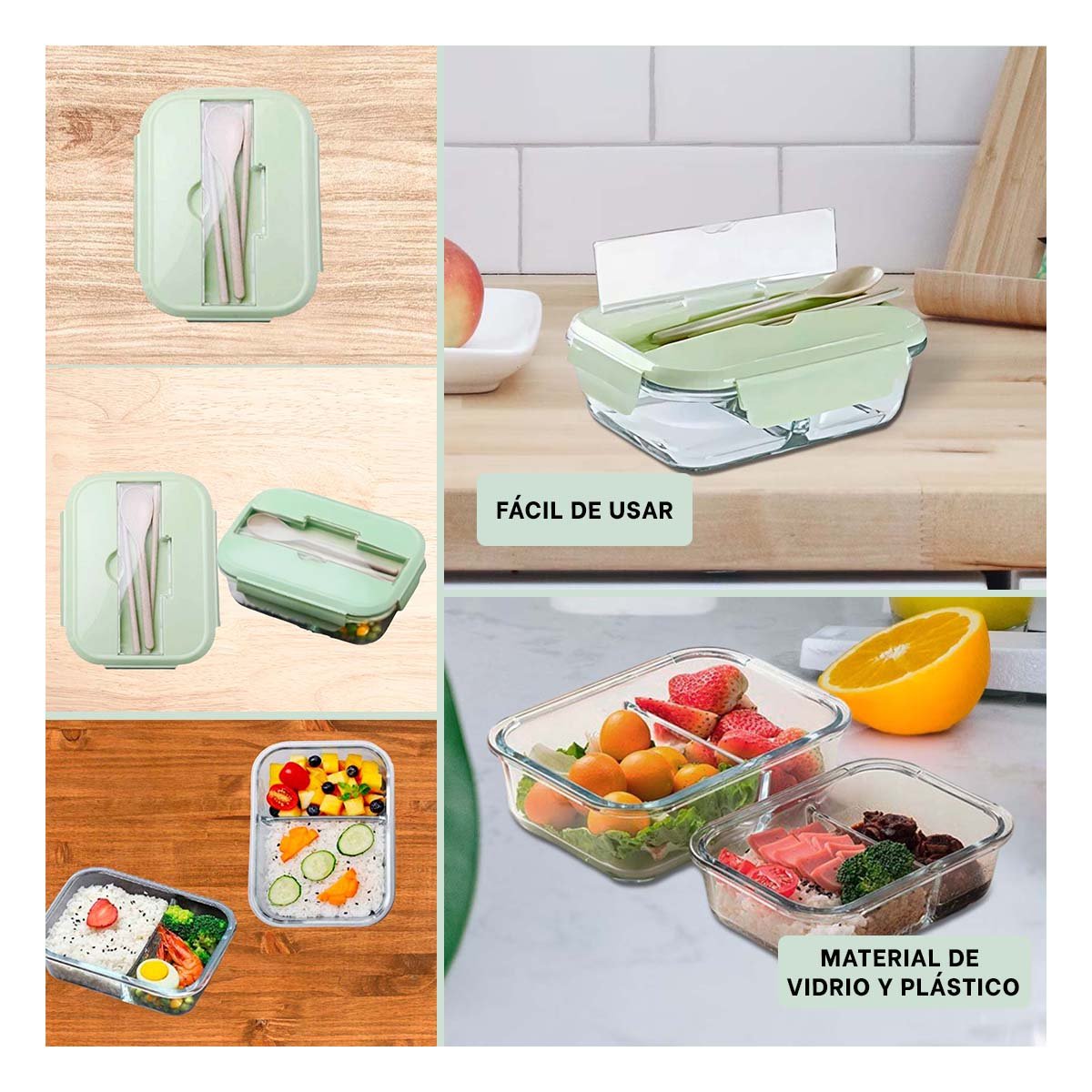 TAPER DE VIDRIO PORTATIL CON SEPARADOR Y CUBIERTOS VERDE Y+PAPEL REGALO - 3