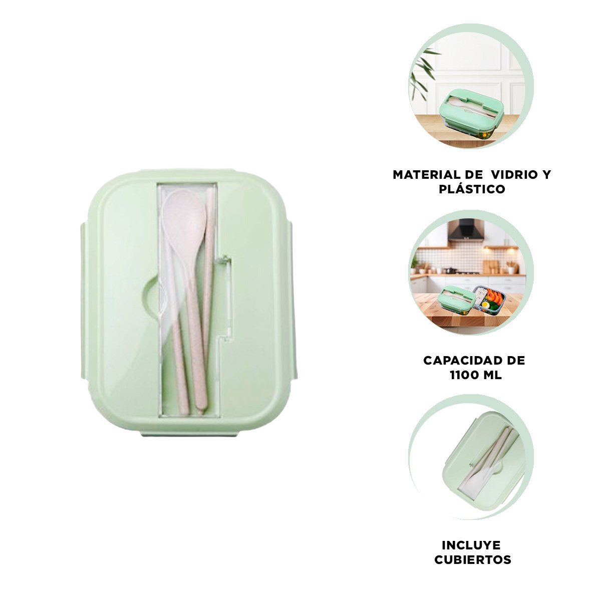 TAPER DE VIDRIO PORTATIL CON SEPARADOR Y CUBIERTOS VERDE Y+PAPEL REGALO - 5