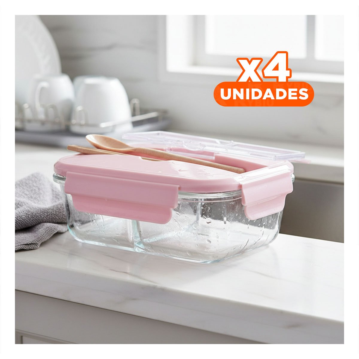 PACK4 CONTENEDOR DE VIDRIO 2 DIVISIONES CON CUBIERTOS Y TAPA ROSADO Y+PAPEL REGALO - 1