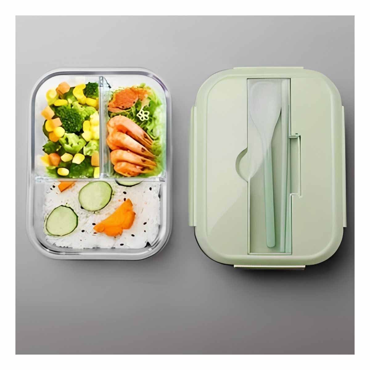 CONTENEDOR DE VIDRIO CON DIVISIONES PARA SNACK SALUDABLE TAPA VERDE Y+REGALO STICKER - 2