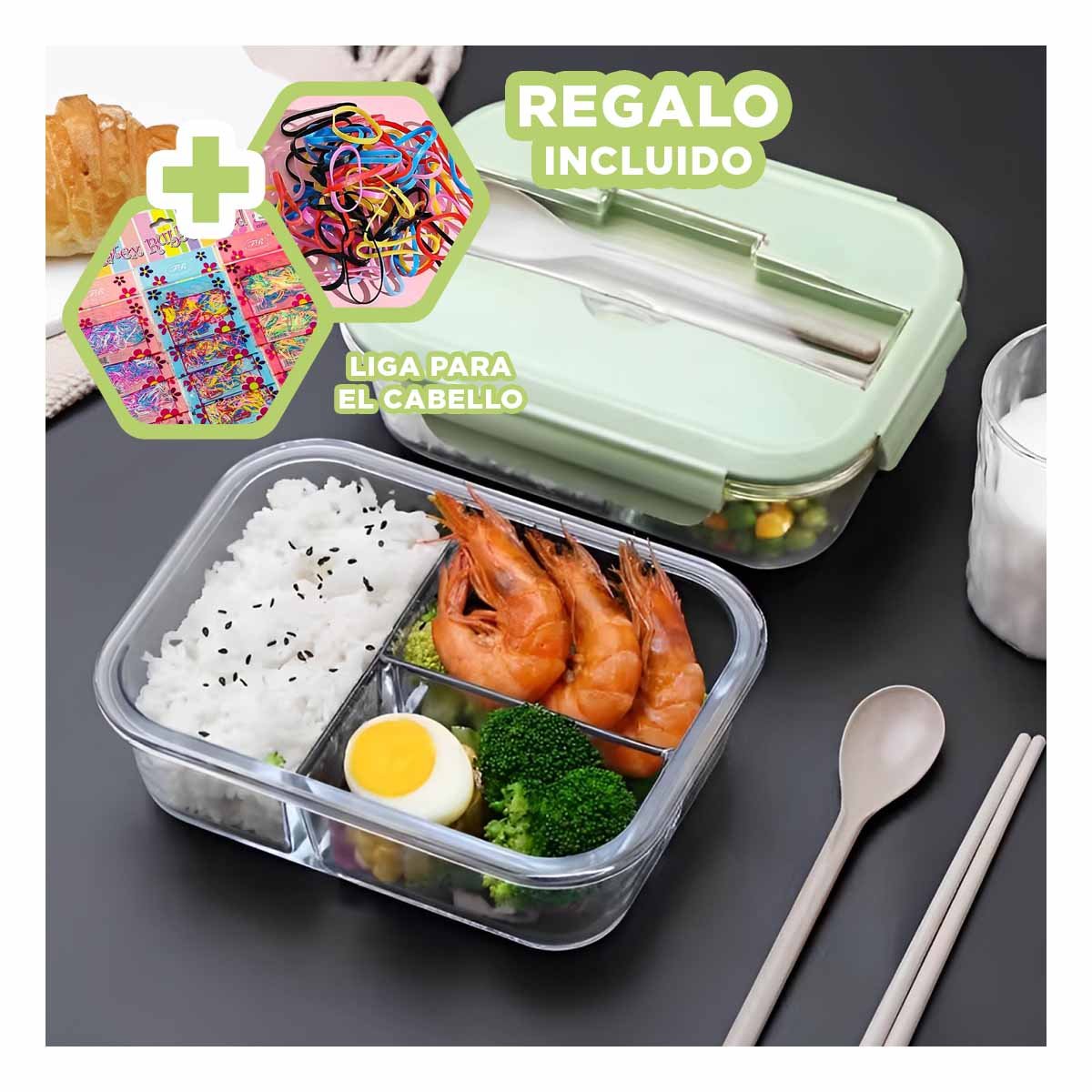 CONTENEDOR DE VIDRIO CON 3 COMPARTIMENTOS PARA COMIDAS CASERAS TAPA VERDE Y+LIGAS REGALO - 2