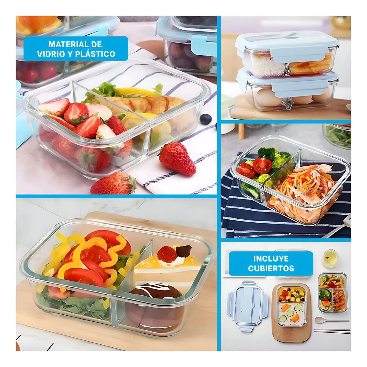 PACK12 ORGANIZADOR PRACTICO DE VIDRIO PARA VERDURAS Y FRUTAS CELESTE - 2
