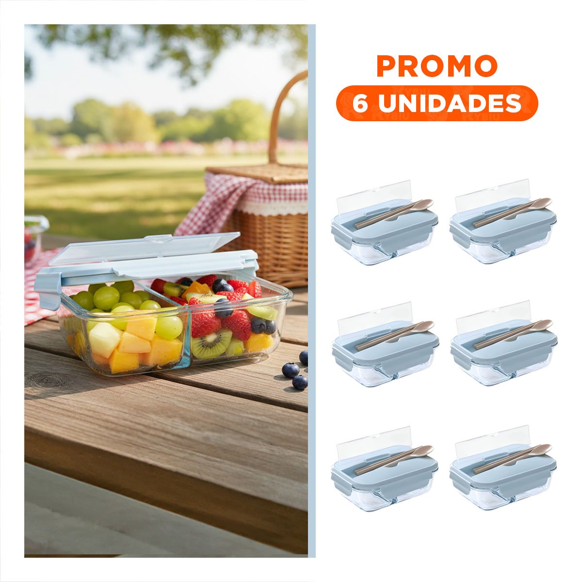 PACK6 ORGANIZADOR CON 2 COMPARTIMENTOS Y CUBIERTOS PARA ALMUERZO CELESTE Y+REGALO STICKER - 1