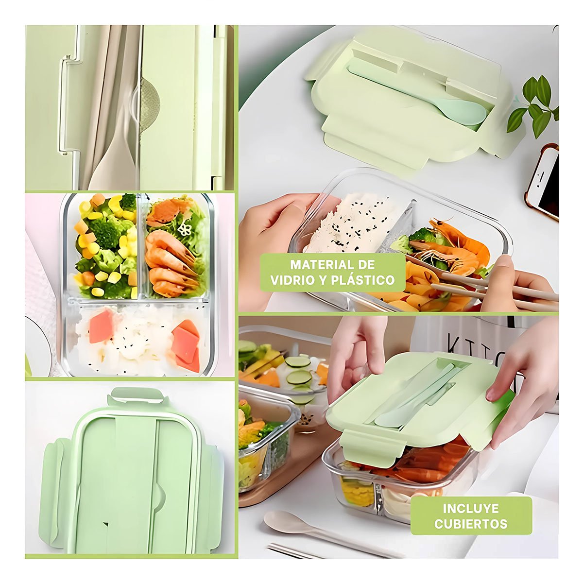 CONTENEDOR DE VIDRIO CON CUBIERTOS PARA ENSALADAS Y BOCADILLOS TAPA VERDE Y+POST IT - 2