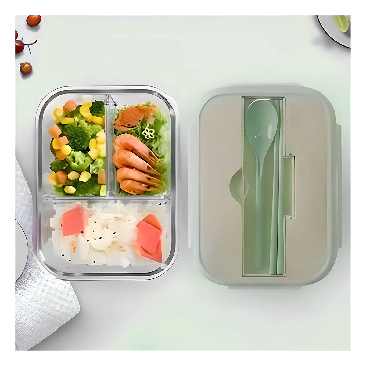 CONTENEDOR DE VIDRIO CON CUBIERTOS PARA ENSALADAS Y BOCADILLOS TAPA VERDE Y+POST IT - 3