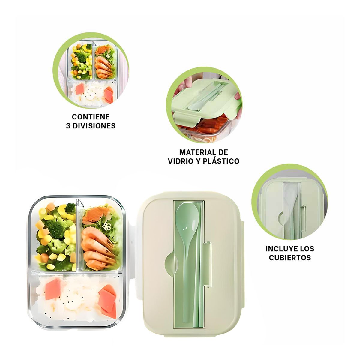 CONTENEDOR DE VIDRIO CON CUBIERTOS PARA ENSALADAS Y BOCADILLOS TAPA VERDE Y+POST IT - 5
