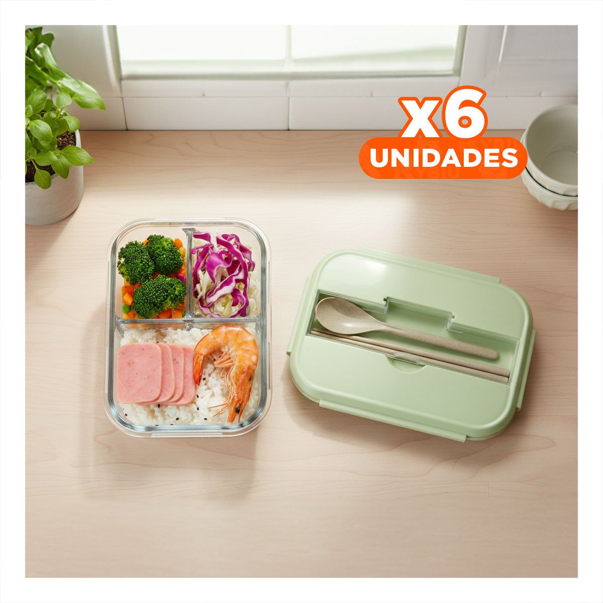 PACK6 CONSERVADOR DE VIDRIO CON DIVISIONES PARA COMIDAS CASERAS TAPA VERDE Y+PAPEL REGALO - 1