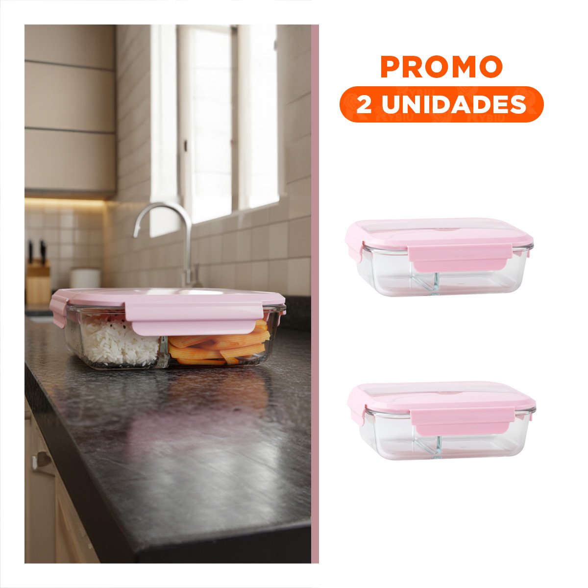 PACK2 CONTENEDOR DE VIDRIO CON 2 DIVISIONES CUBIERTOS Y CIERRE ROSADO Y+REGALO STICKER - 1