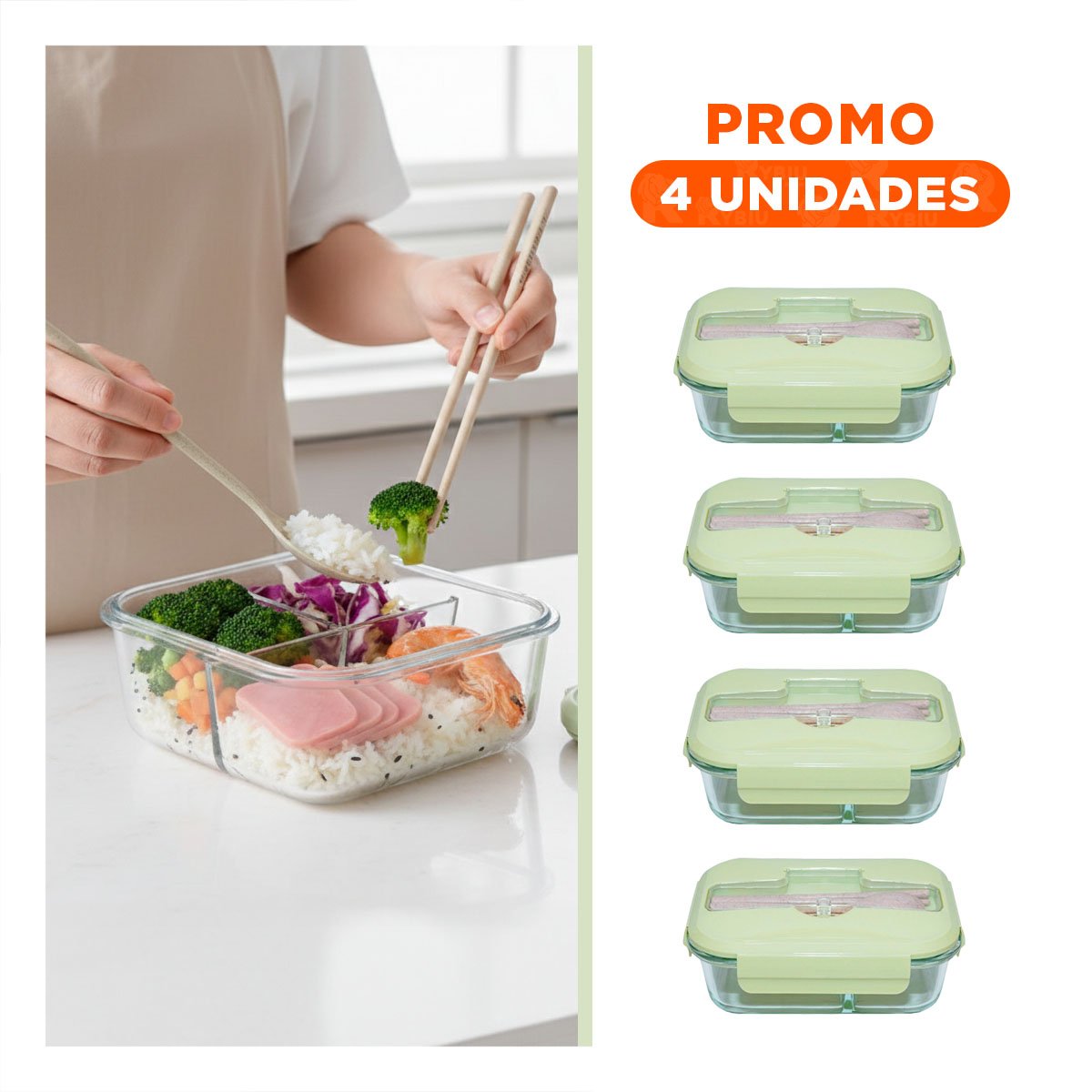 PACK4 TAPER DE VIDRIO CON 3 COMPARTIMENTOS PARA PASTA Y PROTEINAS TAPA VERDE - 1