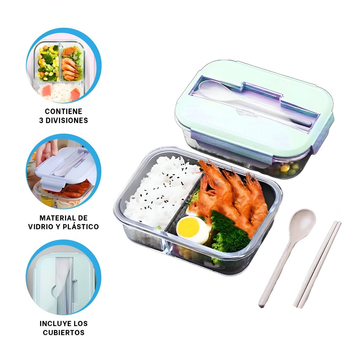 TAPER DE VIDRIO CON 2 DIVISIONES PARA ALMUERZO Y VERDURAS CELESTE Y+PAPEL REGALO - 5