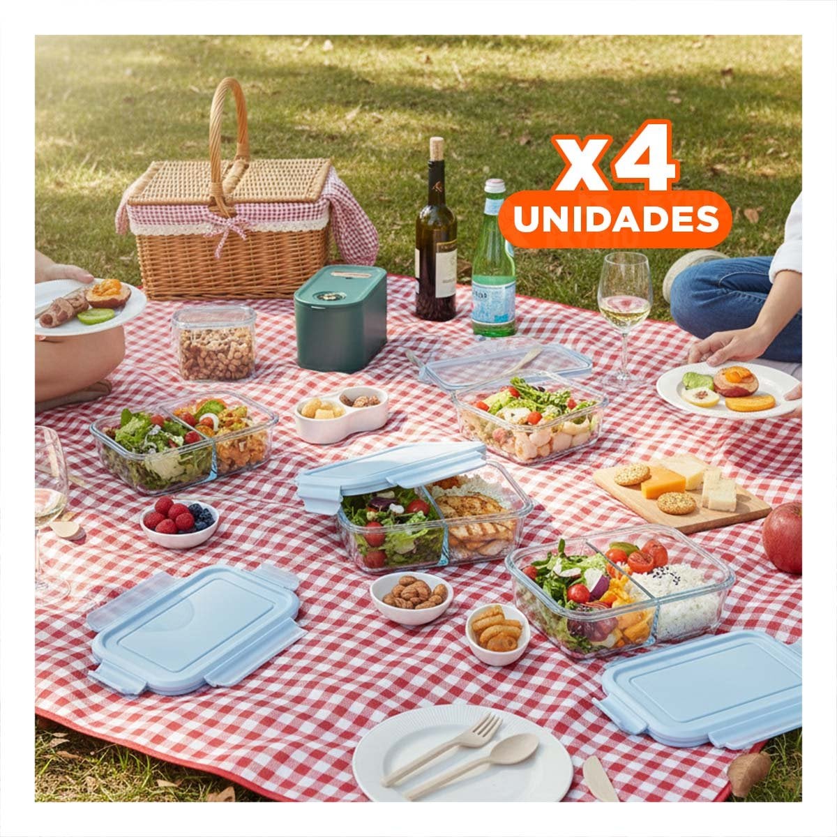 PACK4 ORGANIZADOR DE VIDRIO CON CUBIERTOS Y DIVISION PARA COMIDAS CELESTE Y+REGALO STICKER - 1
