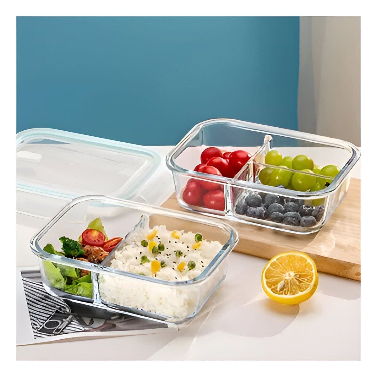PACK4 ORGANIZADOR DE VIDRIO CON CUBIERTOS Y DIVISION PARA COMIDAS CELESTE Y+REGALO STICKER - 3