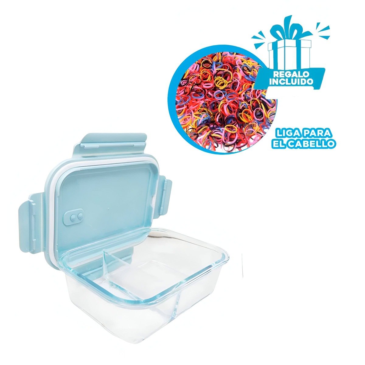TAPER DE VIDRIO CON COMPARTIMENTOS PARA TRANSPORTE DE ENSALADAS CELESTE Y+LIGAS REGALO - 2