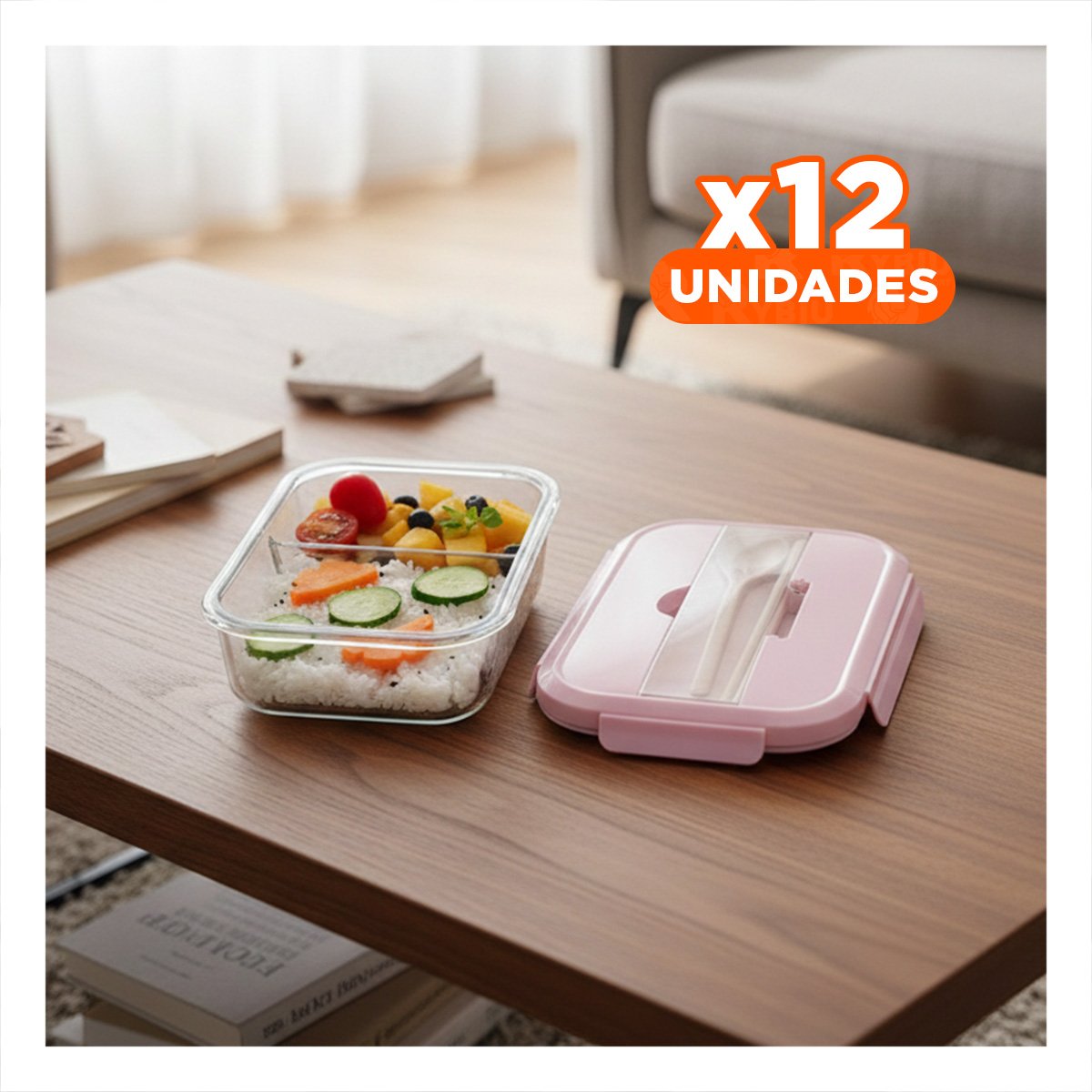 PACK12 CAJA DE VIDRIO 2 DIVISIONES CON CUBIERTOS Y TAPA ROSADO PARA ESCOLAR Y+PAPEL REGALO - 1