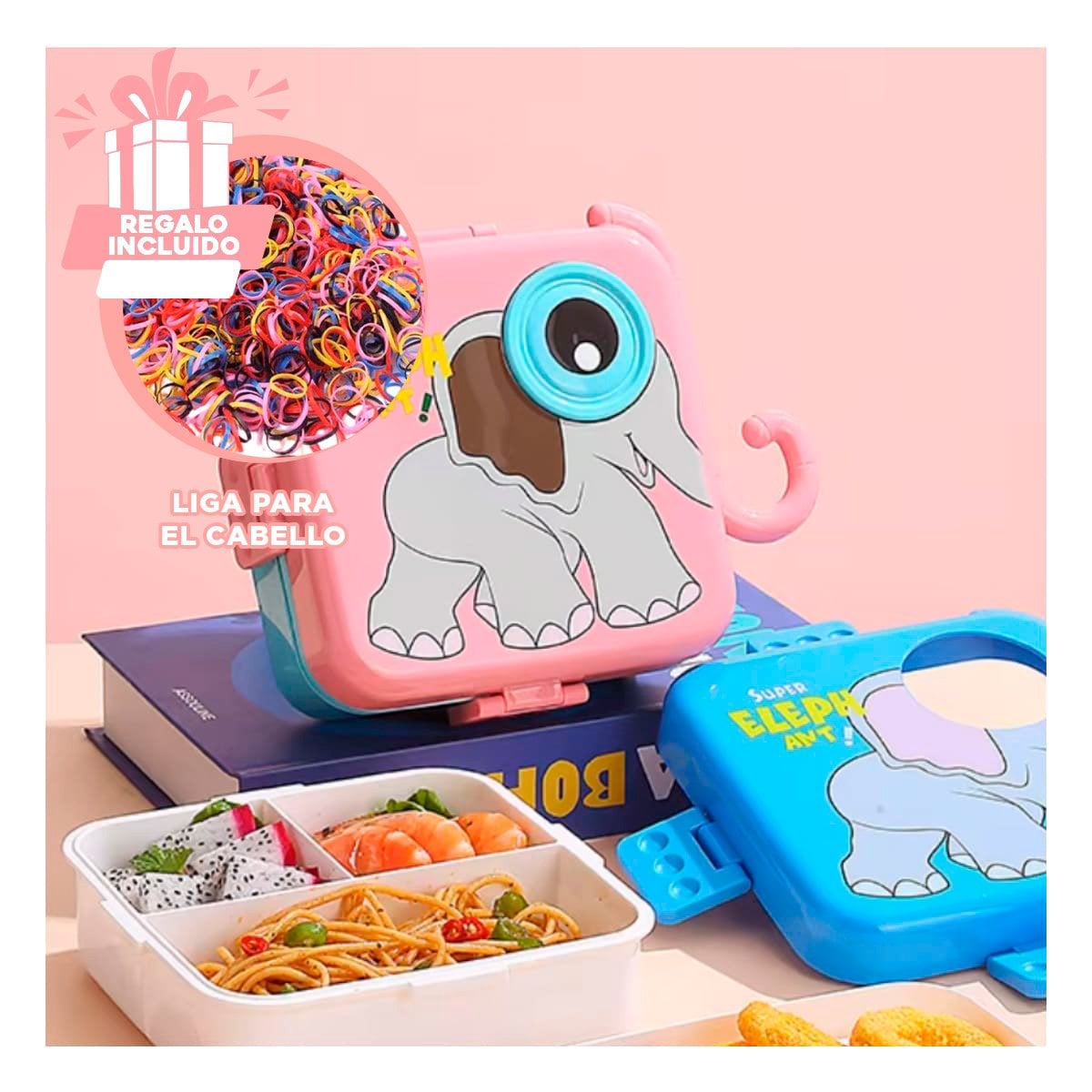 TAPER CUADRADO ELEFANTE PARA PICNIC Y ALMUERZO ROSADO 1600ML Y+LIGAS REGALO - 2