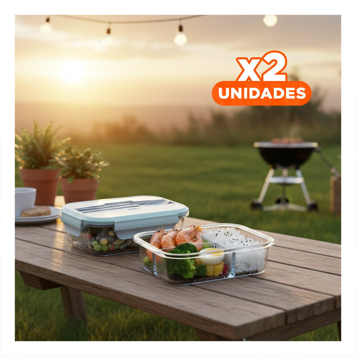 PACK2 CONTENEDOR DE VIDRIO CON CUBIERTOS PARA APERITIVOS Y FRUTAS TAPA CELESTE Y+PAPEL REGALO - 1