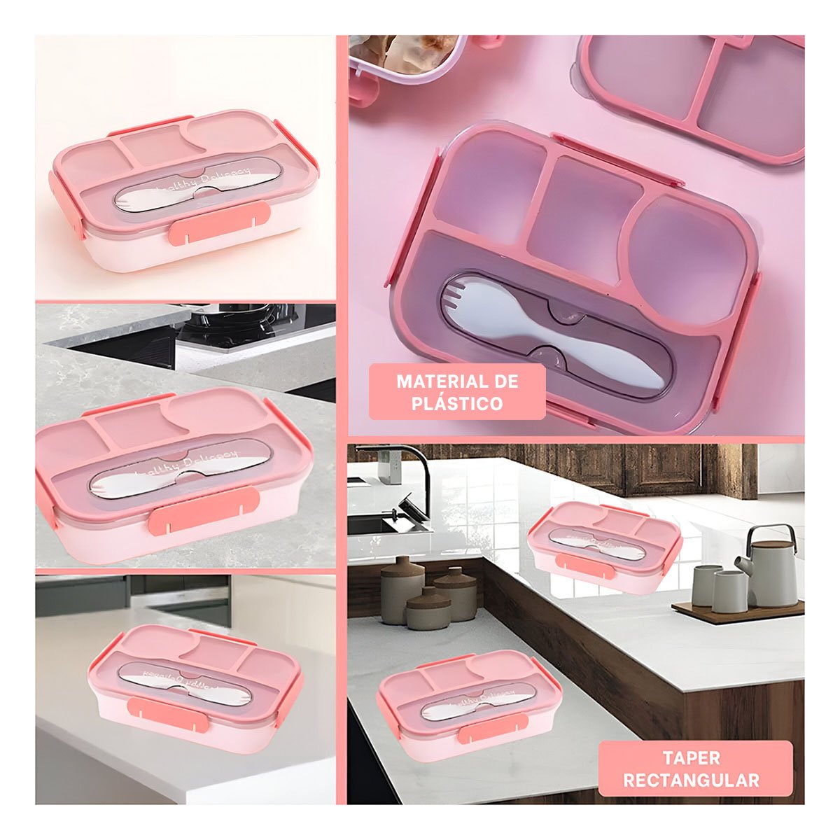 CAJA RECTANGULAR 4 ESPACIOS CON TENEDOR 1100ML ROSADO DURADERO Y+POST IT - 2
