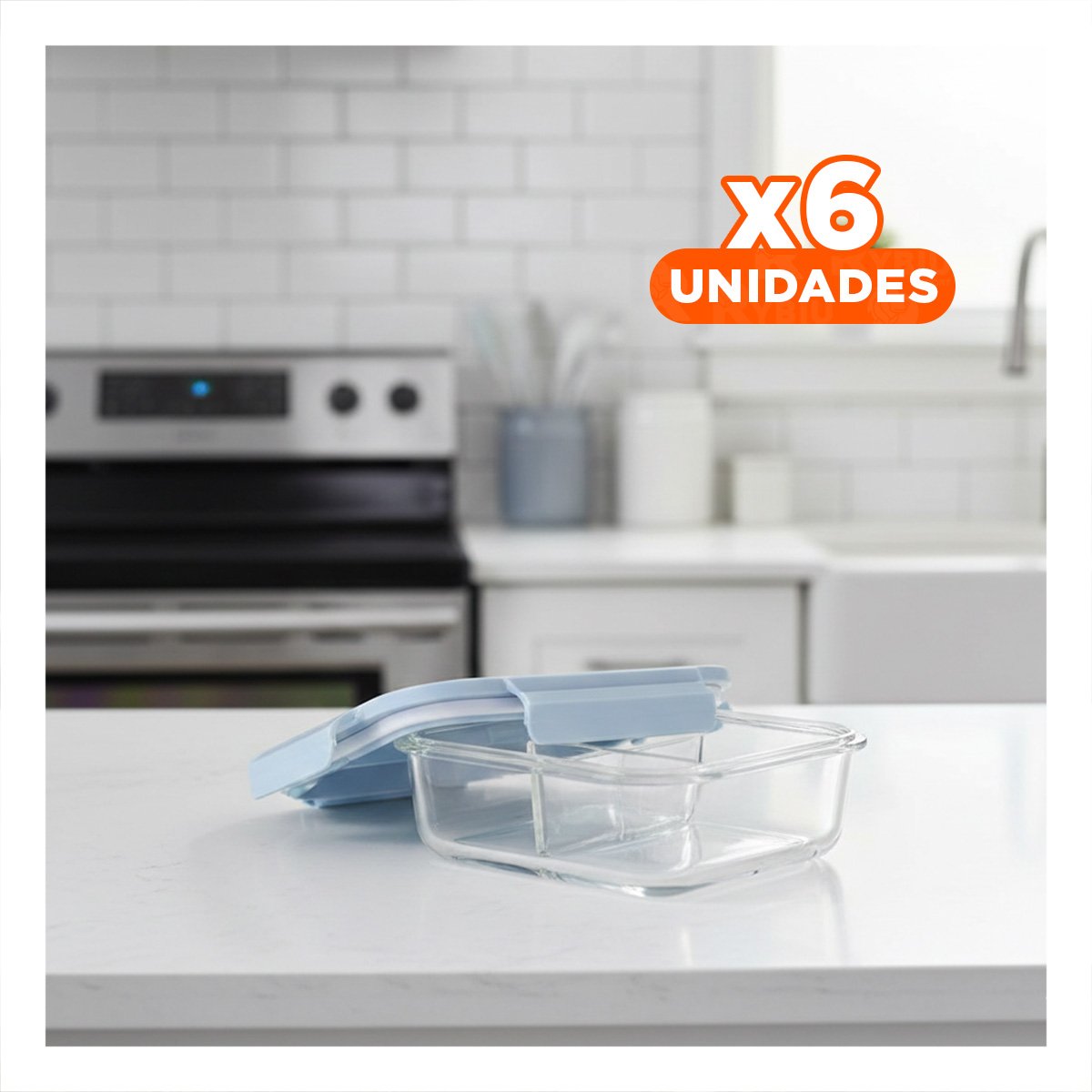 PACK6 ORGANIZADOR DE VIDRIO CON DIVISIONES PARA COMIDA SALUDABLE TAPA CELESTE Y+PAPEL REGALO - 1