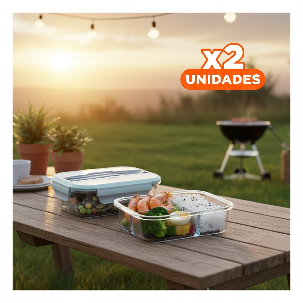 PACK2 CONTENEDOR DE VIDRIO CON 3 DIVISIONES PARA PREPARACIONES DIARIAS TAPA CELESTE - 1