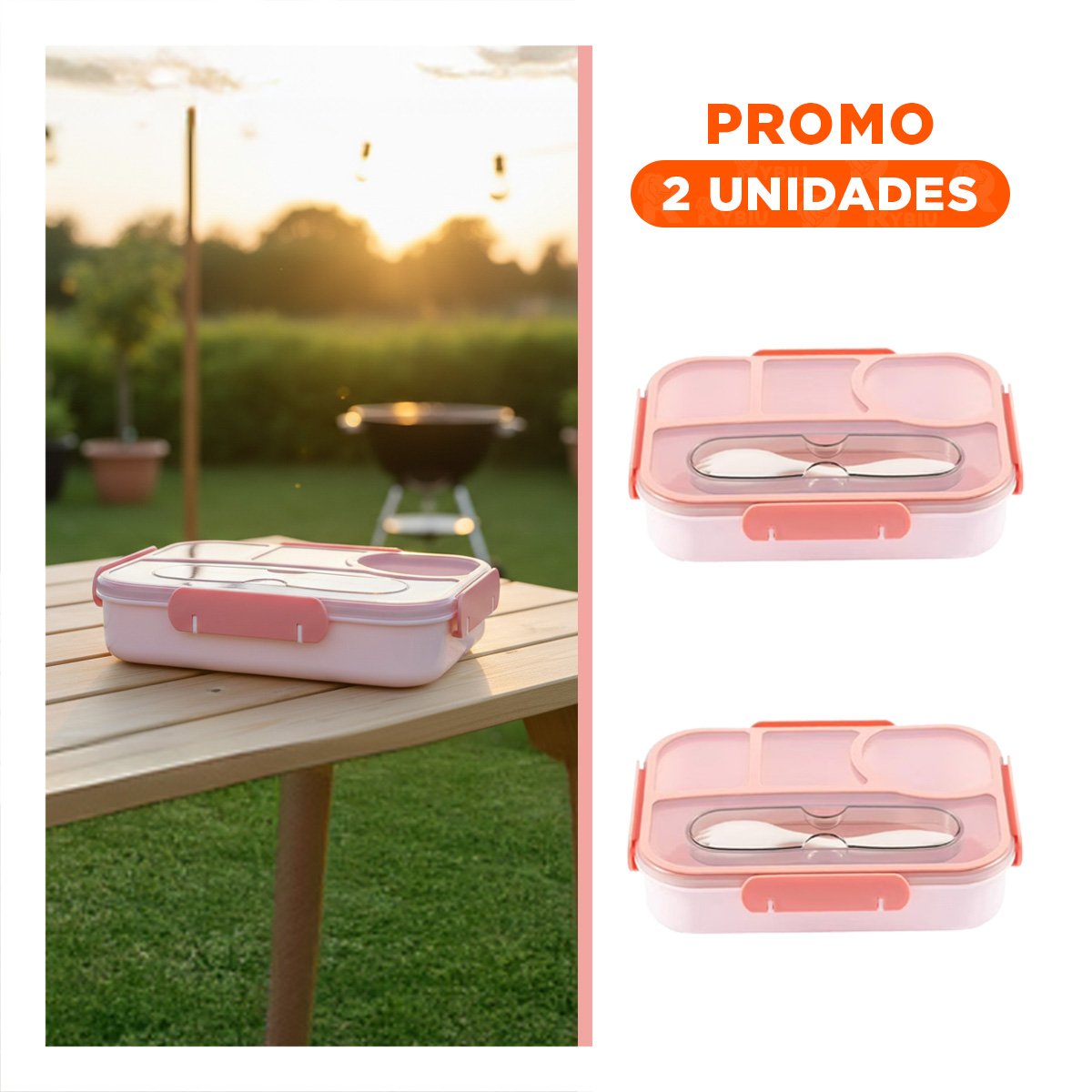 PACK2 ESTUCHE RECTANGULAR 4 ESPACIOS CON TENEDOR 1100ML ROSADO RESISTENTE Y+REGALO STICKER - 1
