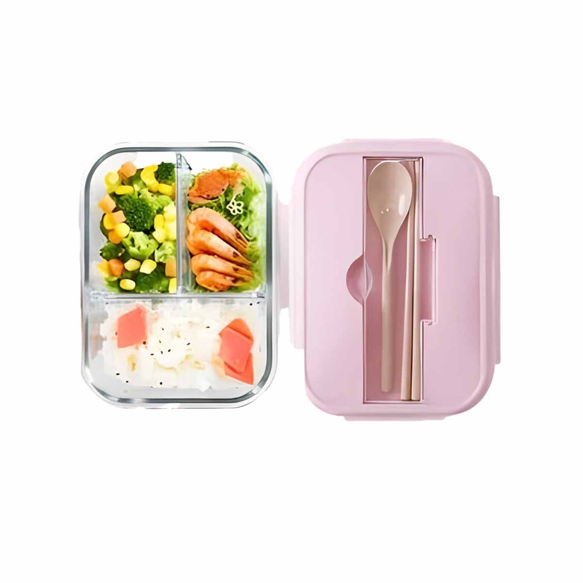 TAPER CON CUBIERTOS 3 DIVISIONES PARA COMIDAS CASERAS TAPA ROSADO Y+REGALO STICKER - 1