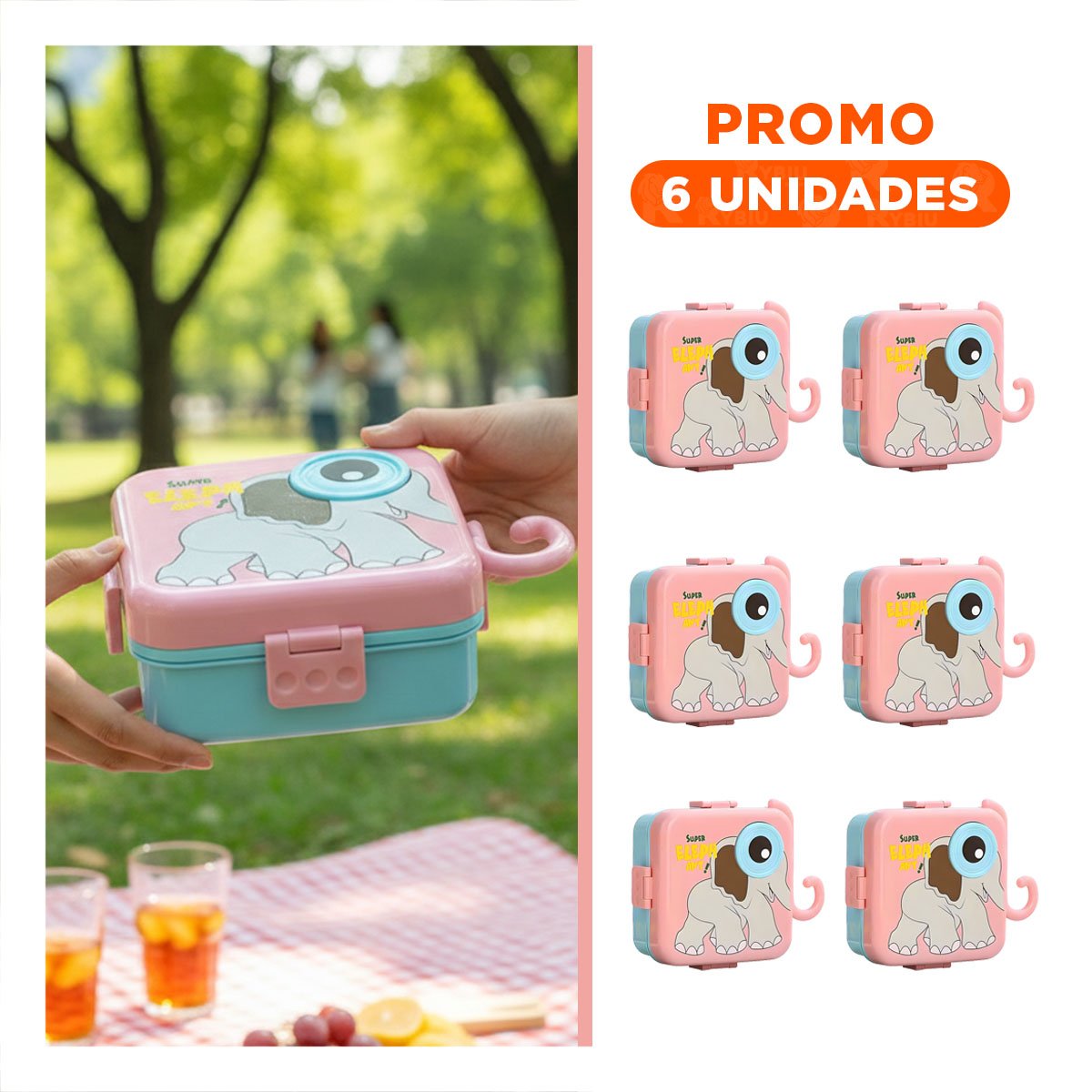 PACK6 ARTICULO CUADRADO ELEFANTE PARA SNACKS Y PICNIC ROSADO 1600ML Y+REGALO STICKER - 1