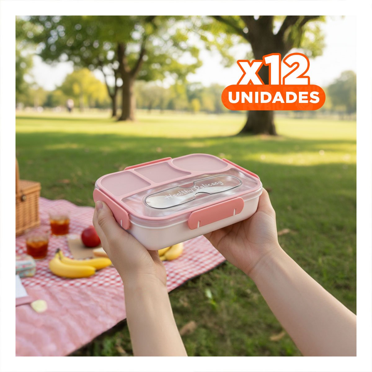 PACK12 LONCHERA RECTANGULAR 4 ESPACIOS CON TENEDOR 1100ML ROSADO HERMETICO Y+PAPEL REGALO - 1