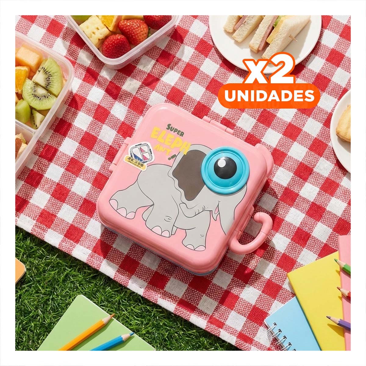 PACK2 ENVASE CUADRADO ELEFANTE PARA PREPARAR ALMUERZO Y SNACKS ROSADO 1600ML Y+PAPEL REGALO - 1