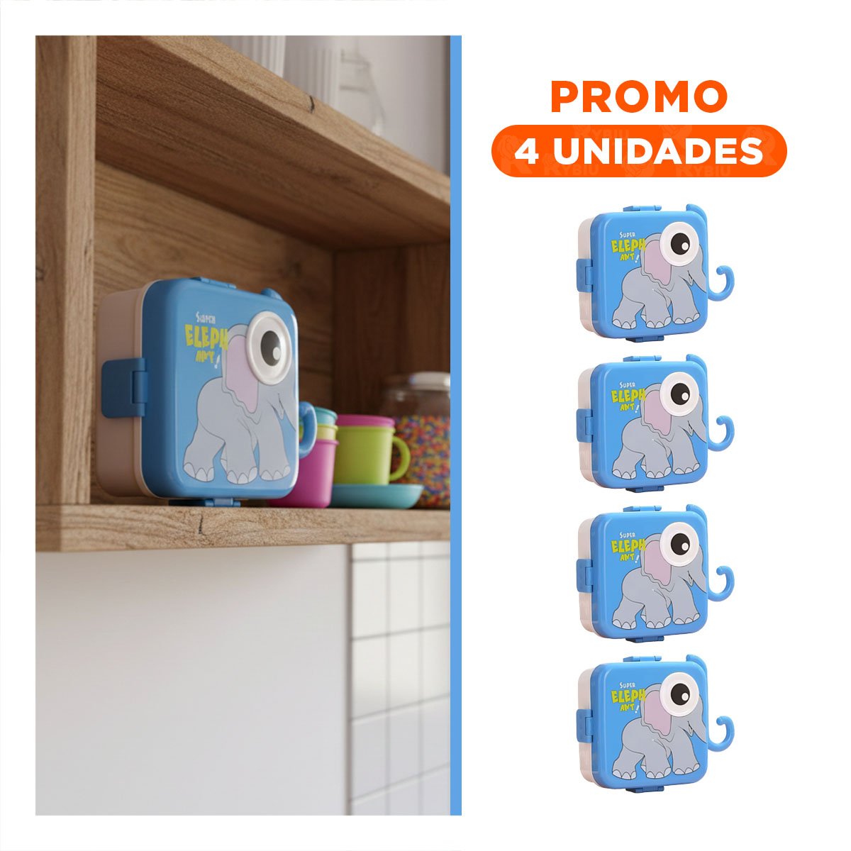 PACK4 RECIPIENTE ESTILO ELEFANTE CON 3 COMPARTIMENTOS PARA ENSALADAS Y SNACK AZUL - 1