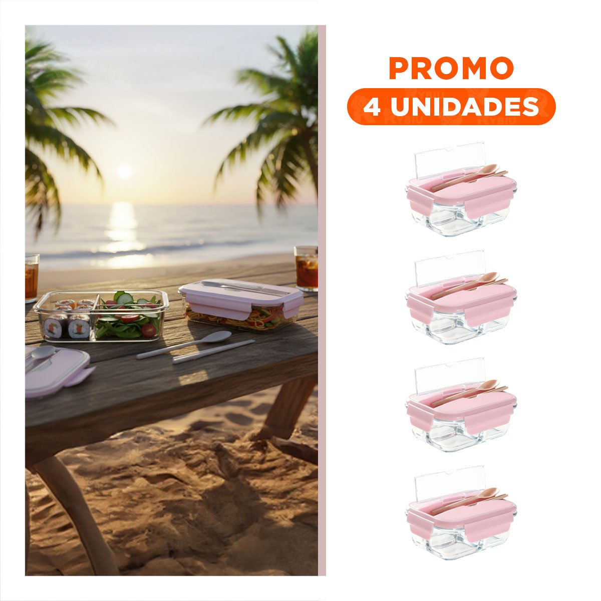 PACK4 CONTENEDOR CON 3 DIVISIONES Y CUBIERTOS PARA MENÚ SEMANAL TAPA ROSADO - 1