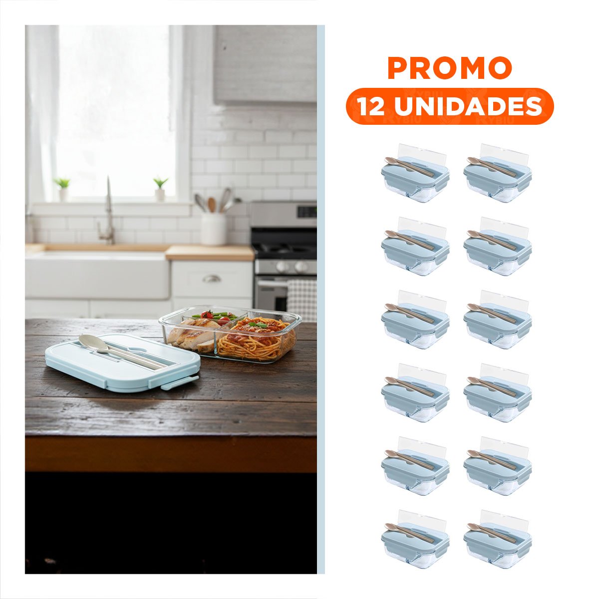 PACK12 ORGANIZADOR DE VIDRIO CON CUBIERTOS PARA ENSALADAS Y VERDURAS TAPA CELESTE - 1