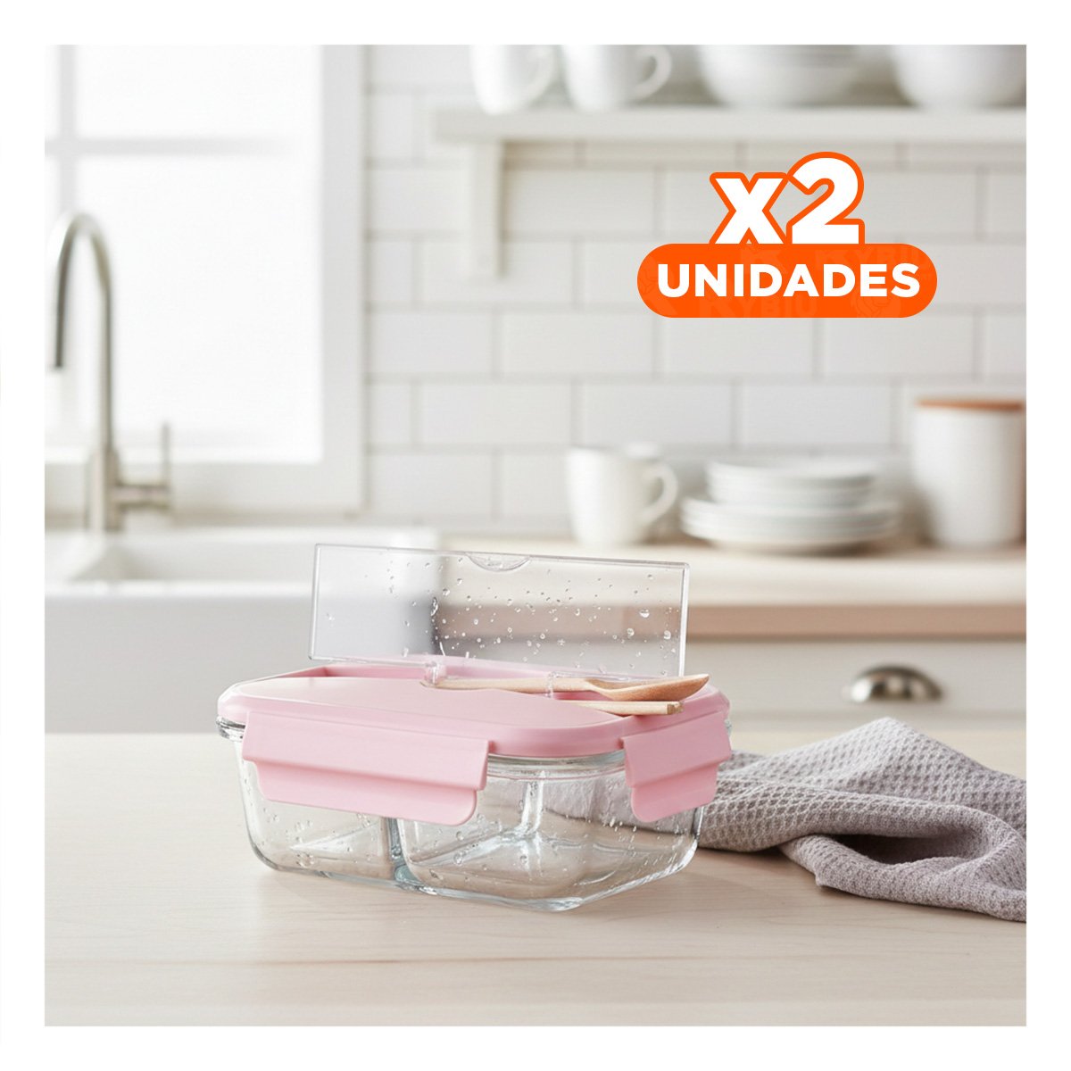 PACK2 CONTENEDOR CON 3 DIVISIONES Y CUBIERTOS PARA ALMUERZO TAPA ROSADO - 1