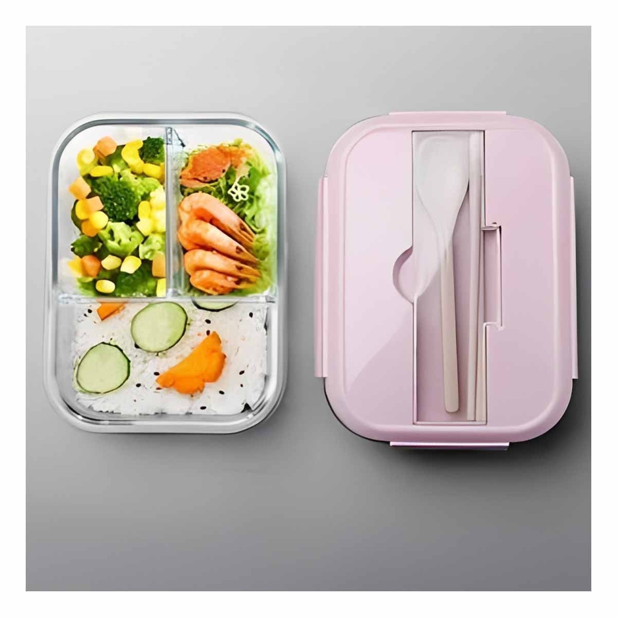 PACK2 CONTENEDOR CON 3 DIVISIONES Y CUBIERTOS PARA ALMUERZO TAPA ROSADO - 5
