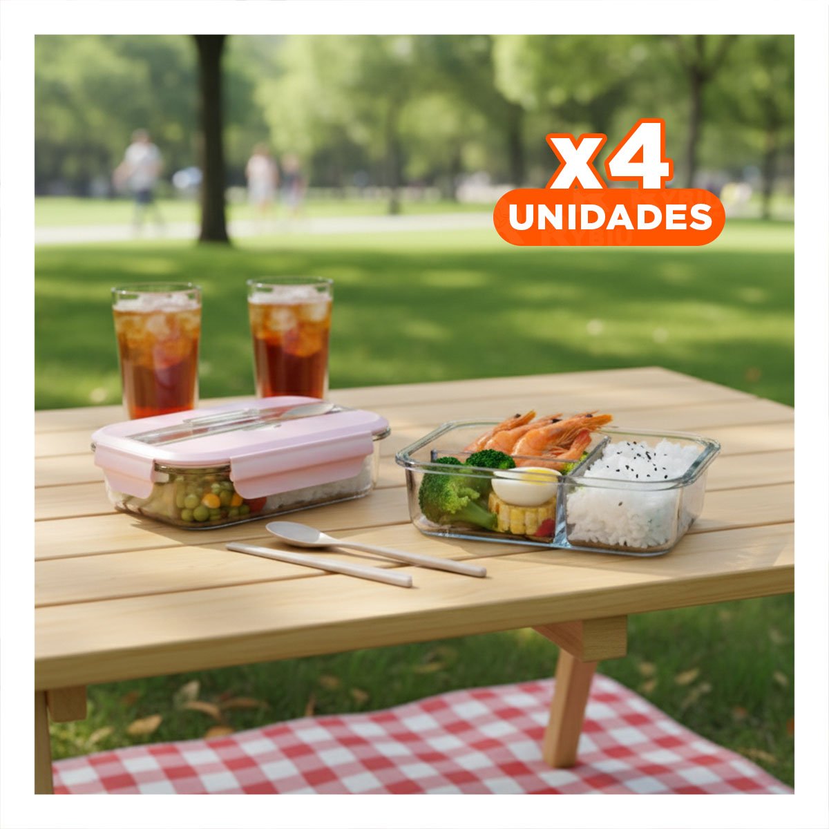 PACK4 CAJA CON CUBIERTOS 3 DIVISIONES PARA ALMUERZO ESCOLAR TAPA ROSADO Y+REGALO STICKER - 1