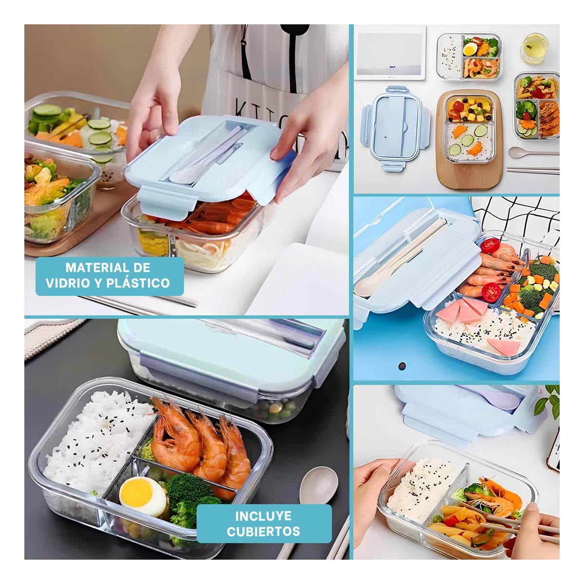 TAPER DE VIDRIO CON 3 COMPARTIMENTOS PARA PASTA Y PROTEINAS TAPA CELESTE Y+LIGAS REGALO - 1