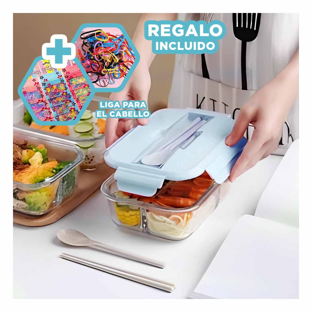 TAPER DE VIDRIO CON 3 COMPARTIMENTOS PARA PASTA Y PROTEINAS TAPA CELESTE Y+LIGAS REGALO - 2