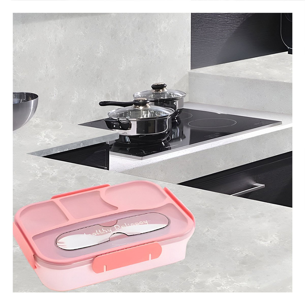 CAJA RECTANGULAR 4 ESPACIOS CON TENEDOR 1100ML COLOR ROSADO HERMETICO - 5